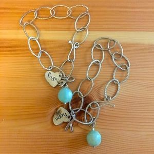 2,Silver Bracelets with Teal Gem,Charm and Ribbon
